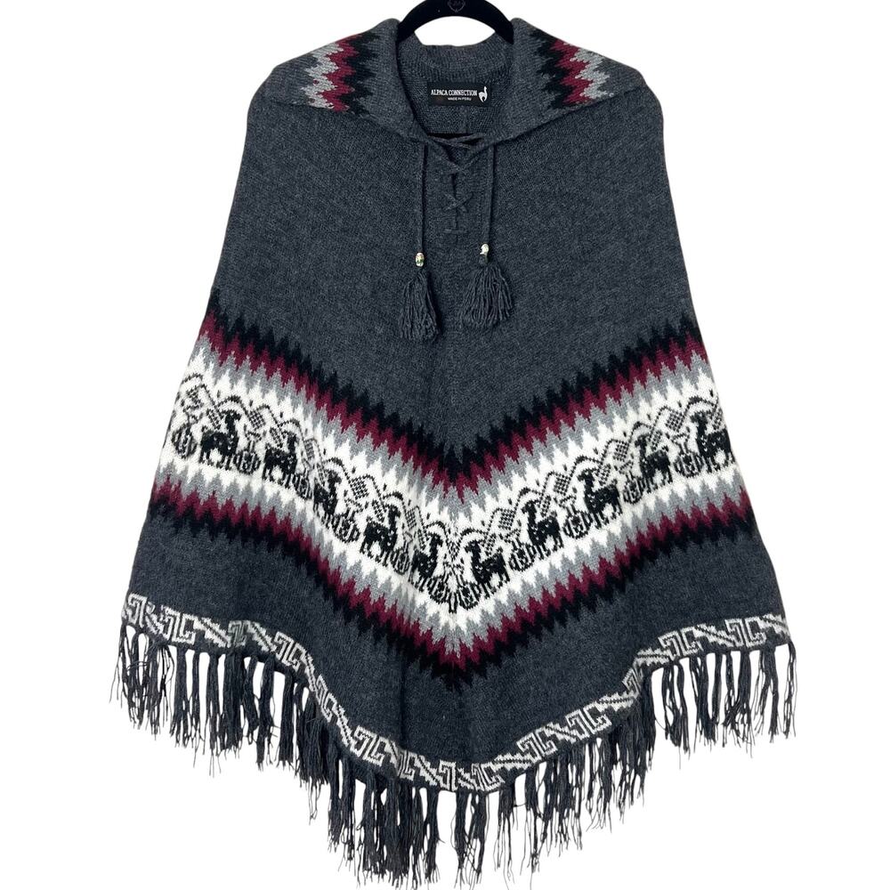 Alpaca Connection Alpaca Wool Poncho Shawl Gray Fringe One Size
